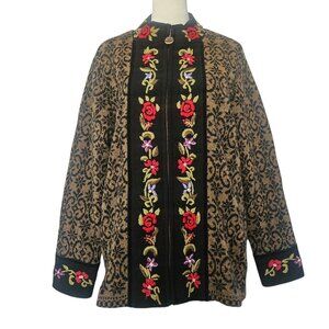VTG Icelandic Design Womens L 100% Wool Floral Embroidered Zip Up Sweater Jacket